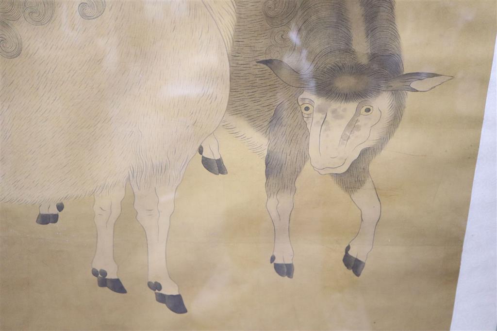 Chinese School (early 20th century), Two Rams and Ewe, 87 x 87cm, overall 172 x 98cm